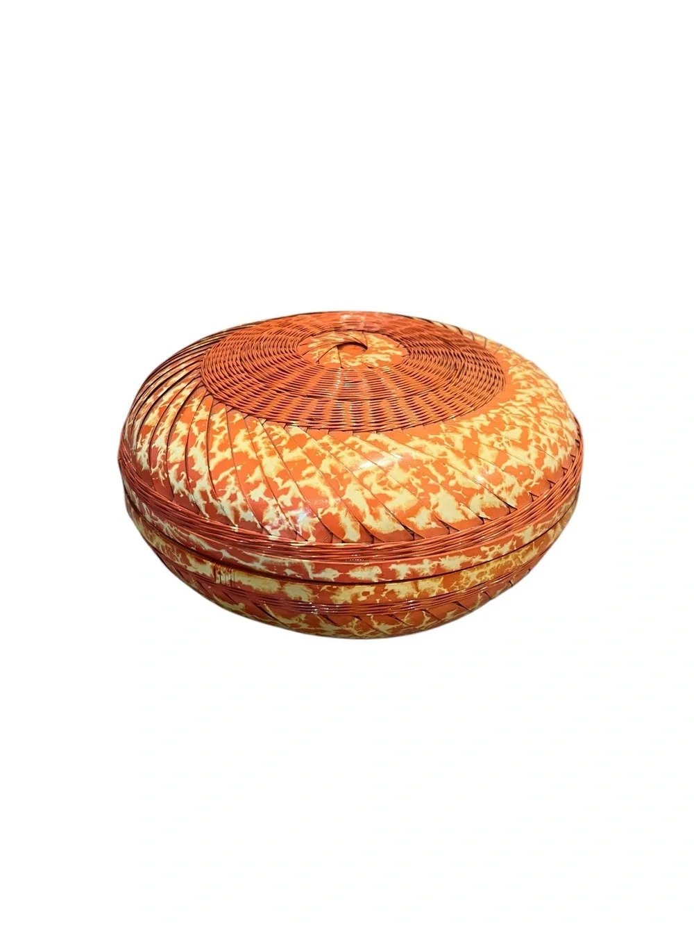 VTG Handwoven Round Bamboo & Rattan Lidded Basket Intricate Variegated